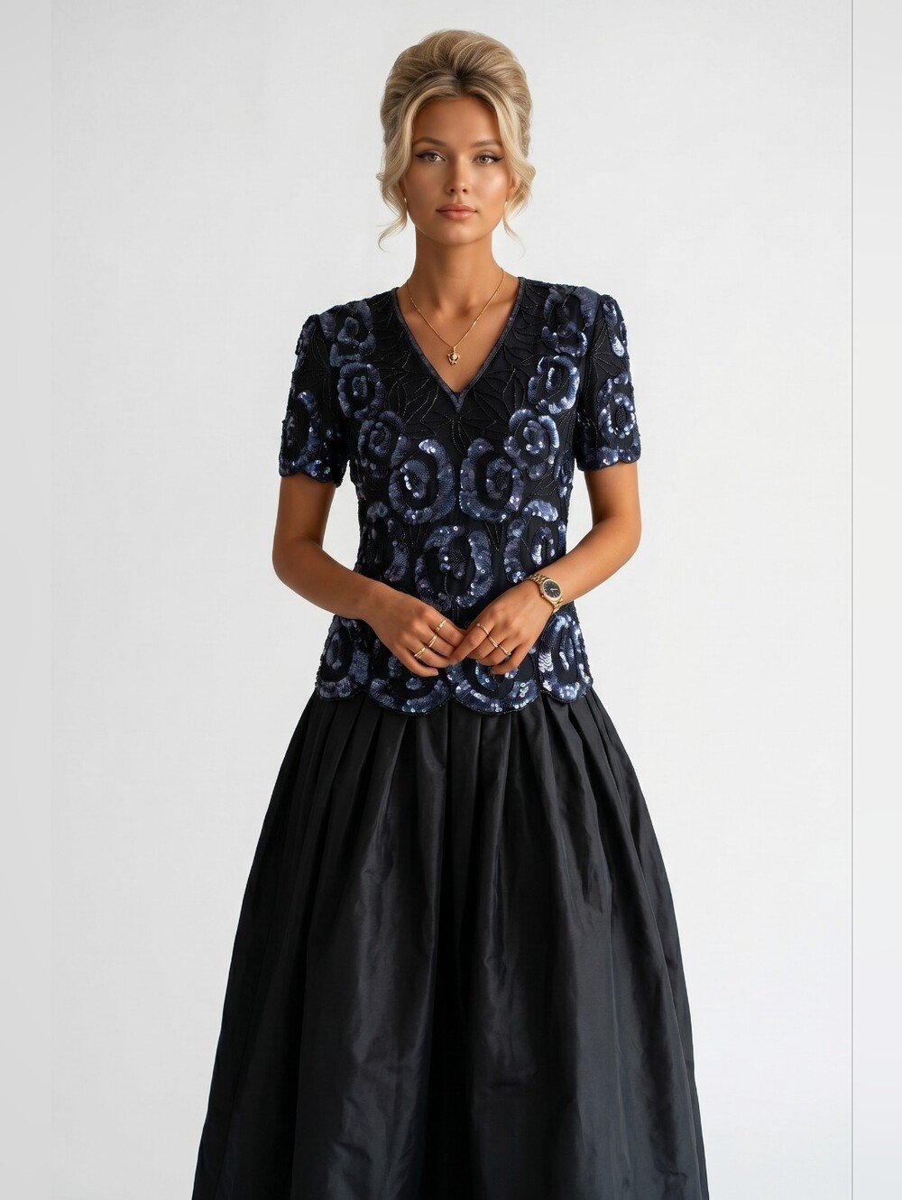 Laurence Kazar New York Black Iridescent Sequin Floral Silk Top Size M